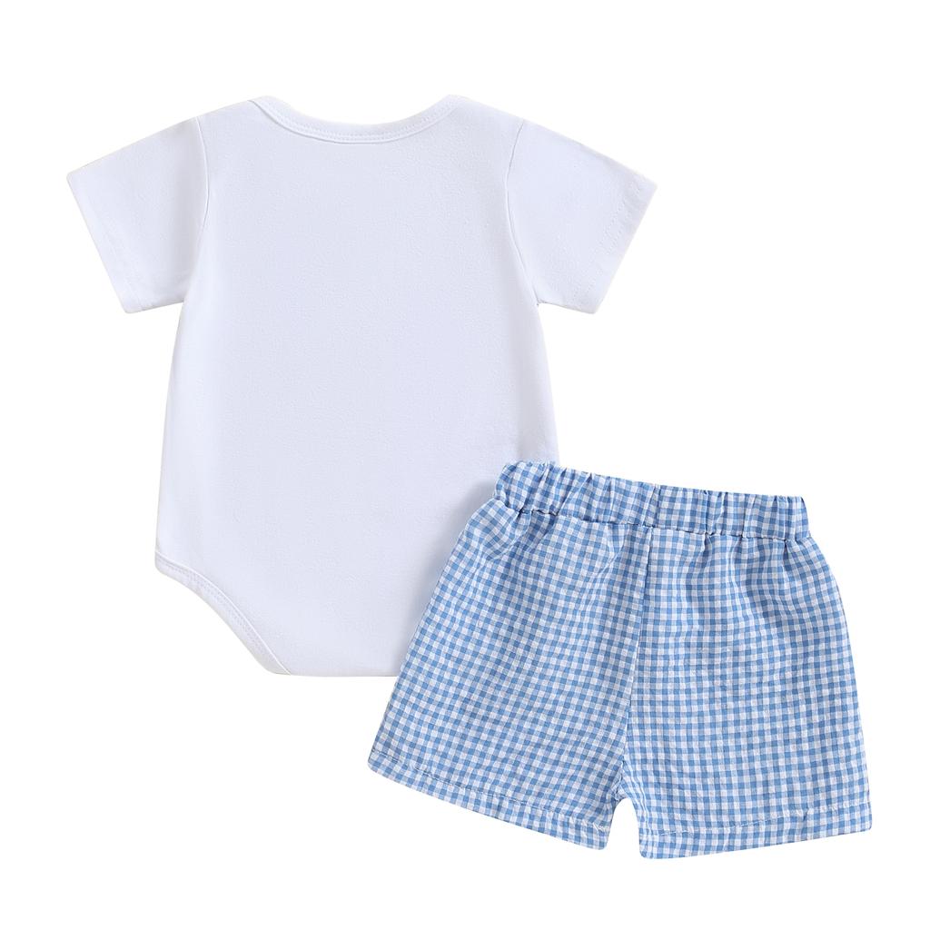 Baby 3-teiliges Frühlings-Outfit Kurzarm-Strampler + karierte Shorts + Stirnband-Set Säuglingskleidung