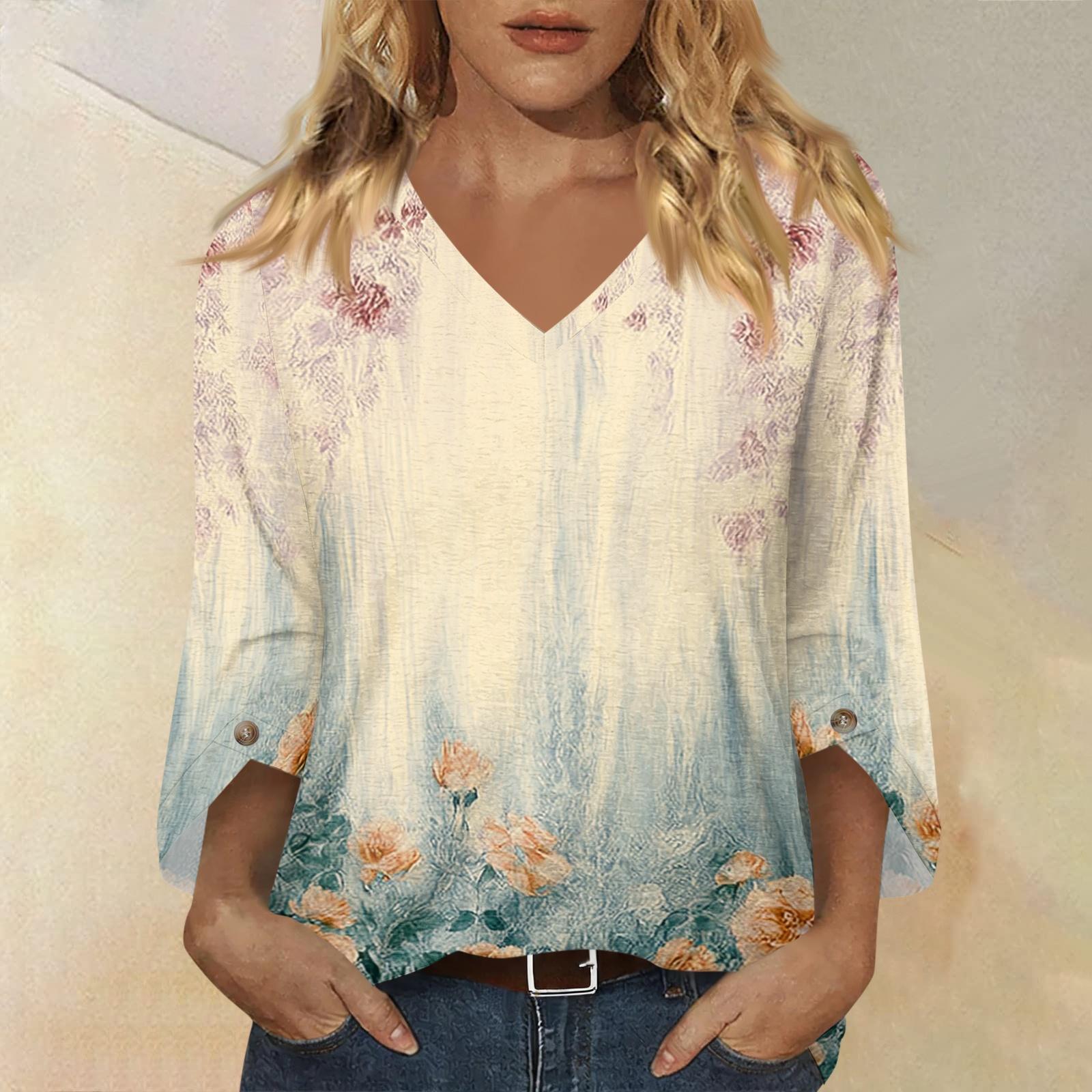 

Women’s V Neck 3/4 Sleeve Blouse with Floral Print Relaxed Fit Lightweight Pullover Casual Top for Daily Wear M хакі