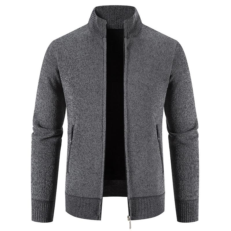 New Velvet Sweater Cardigan Men Stand Collar Mens Sweaters Fleece Thick Warm Knitted Sweater Coat Solid Zipper Pocket Cardigan