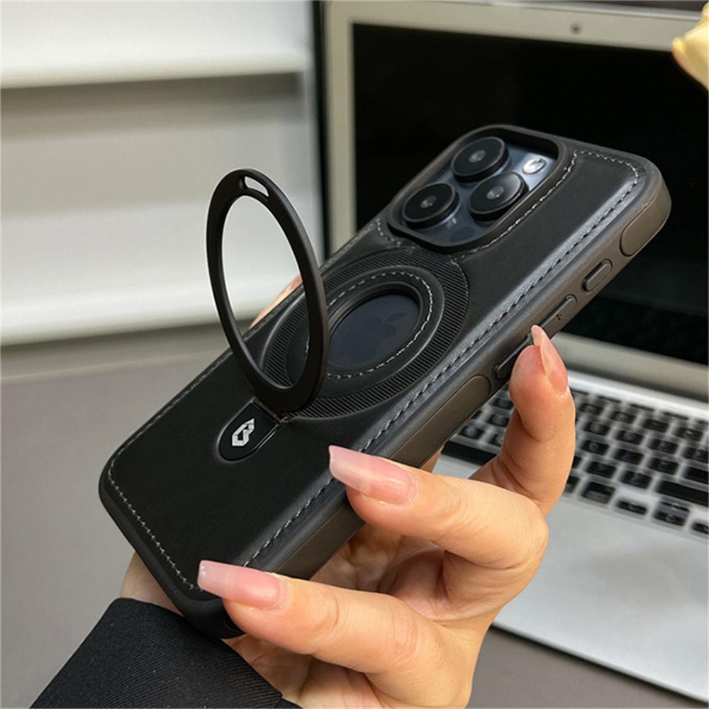 Luxusní magnetický stojánek Ring PU kožené pouzdro na telefon pro iPhone 16 15 14 13 12 Pro Max Magsafe Wireless Charging Dutý kryt loga