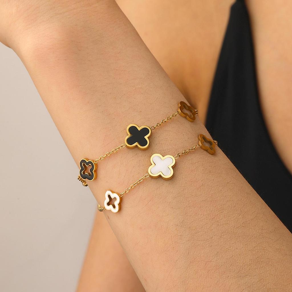 European & American Drip Oil Four-Leaf Clover Titanium Steel Bracelet - Women's Luxurious High-End Jewelry, Non-Fading