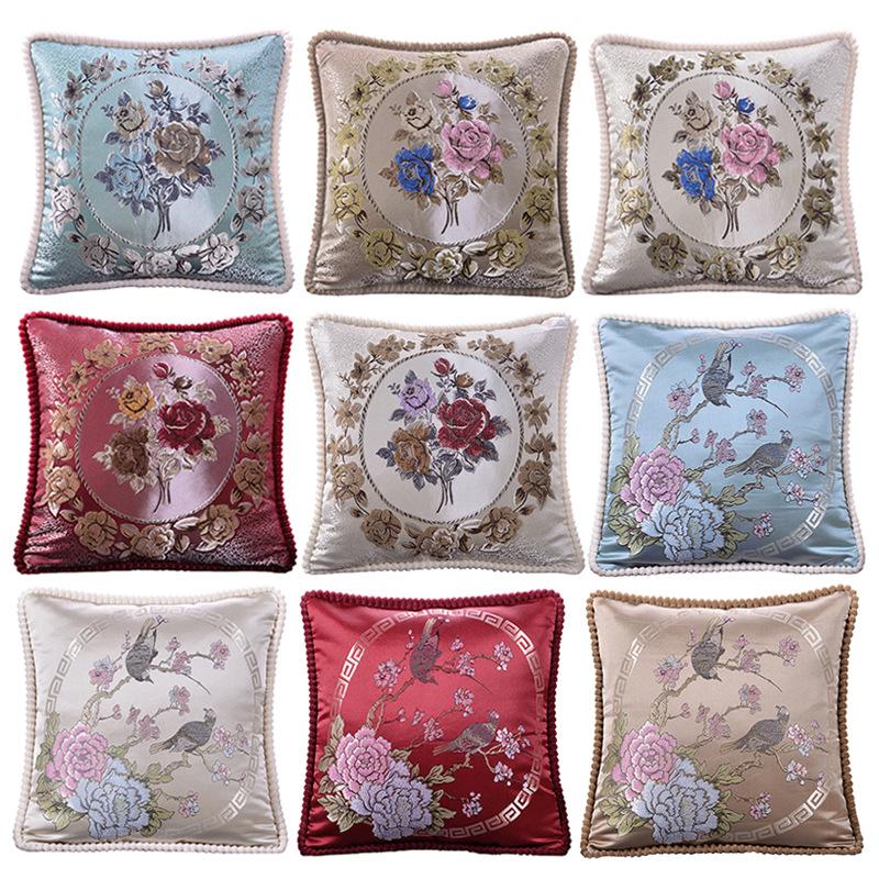 Autumn and Winter Home European Jacquard Pillow Cover with Flower Pattern Sofa Cushion Soft Package Headrest Hug Pillow Cover (No Pillow Core)