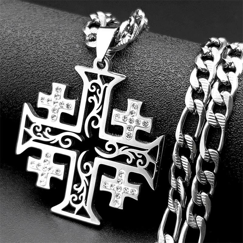 Jerusalem Cross Pendant Necklace for Women Men Stainless Steel Gold Color Christian Rhinestones Hip Hop Chain Necklaces Jewelry