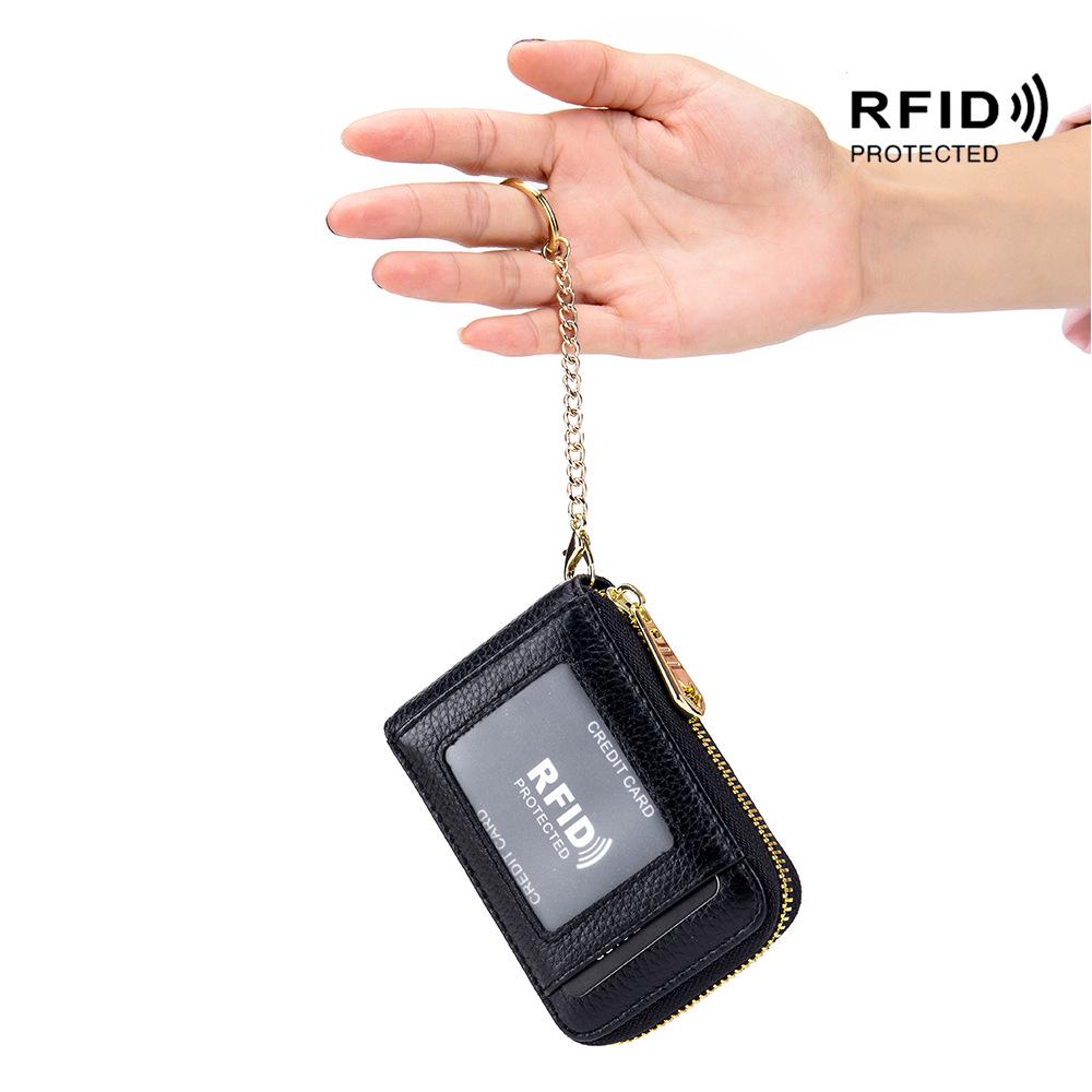 Exquisite RFID Genuine Leather Accordion Card Holder for Women and Men with Keychain