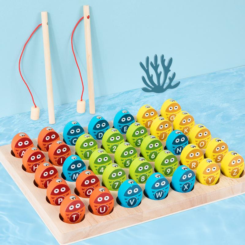 Children'S Early Education Magnetic Numbers Alphabet Pairing Fishing Games Puzzle Color Cognition Hand-Eye Coordination Wooden Toys