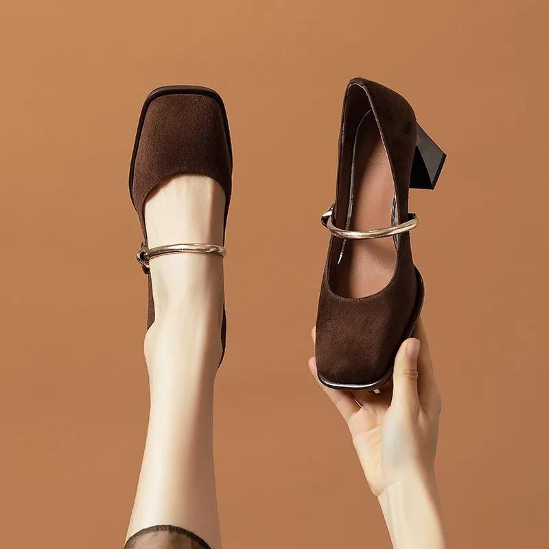 New Retro Square Toe High Heels With Metal Strap; Shallow Mouth Velvet Thick Heel Versatile Single Shoes For Skirts Heels Women