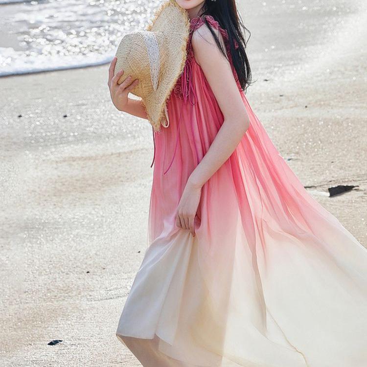 French Vacation Gradient Spaghetti Strap Chiffon Maxi Dress - Women's Beach Holiday Summer Skirt