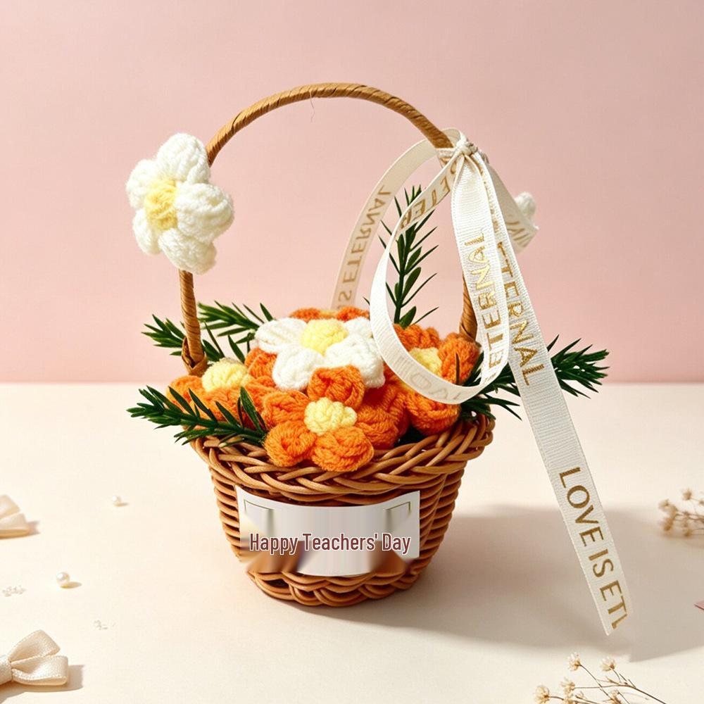 Hand-Knitted Yarn Flower Basket Gift for Teacher's Day