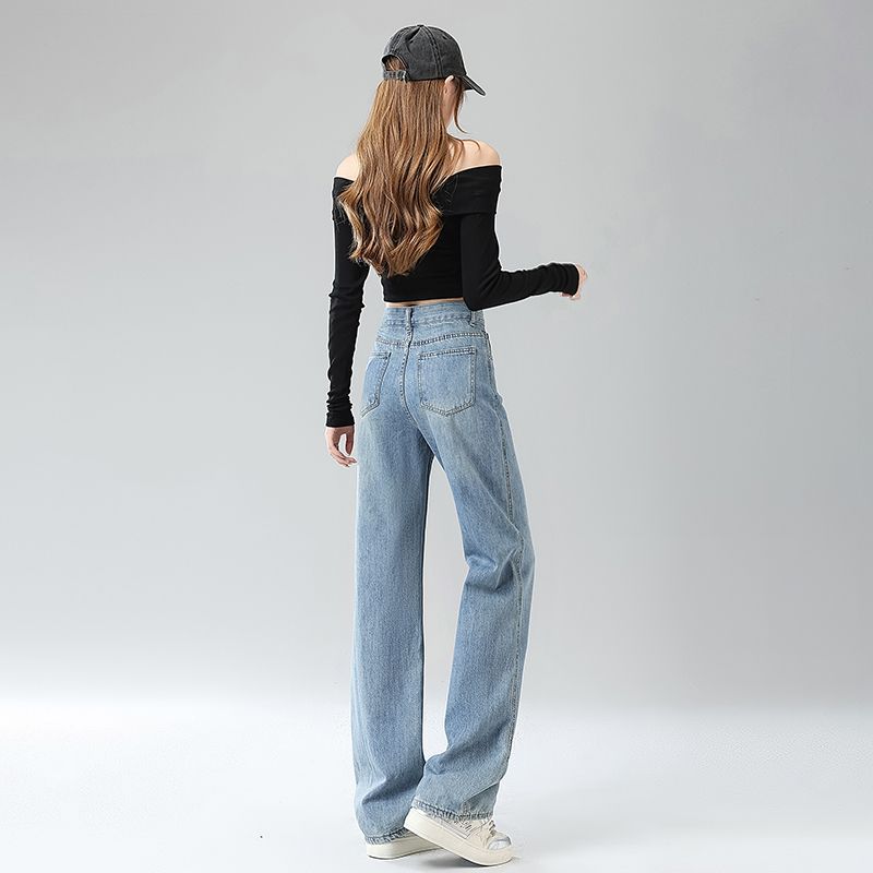 Spring Autumn High Waist Slim Floor Drape Straight Wide Leg Long Denim Pants For Women Casual Pants Oversize Denim Trousers