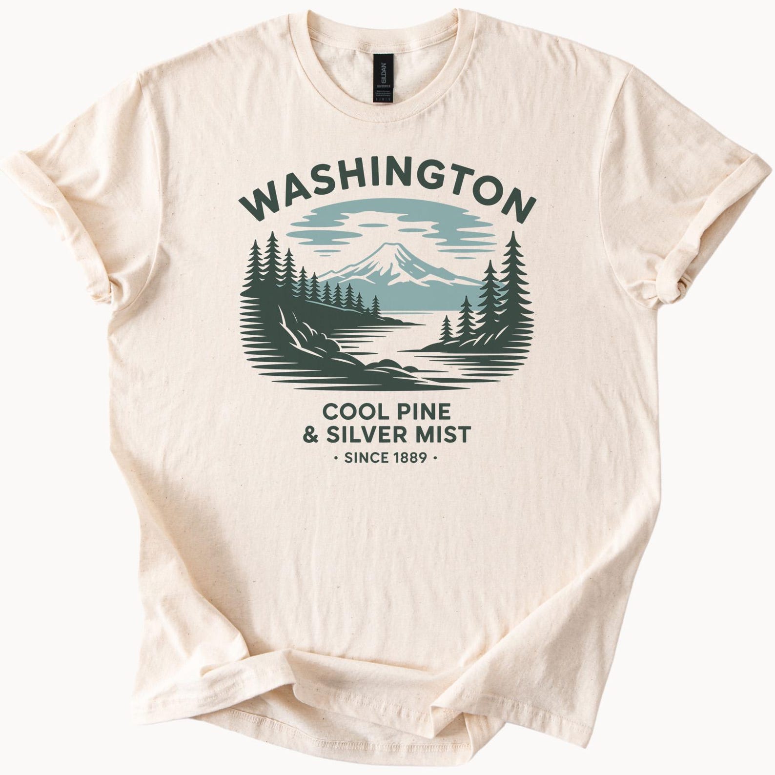 Washington Graphic T Shirt Cool Pine Trees Mountain Lake Nature Scene Pacific Northwest Outdoors Hiking Forest Misty Landscape Tee 100