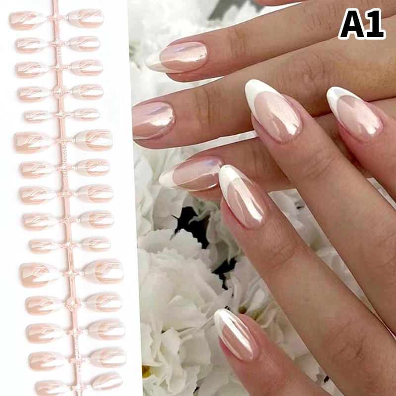 

30Pcs French Pearlescent Press On Nail White Edge Full Cover Fakenail Mixed Size Nude Transparent False Nail A1