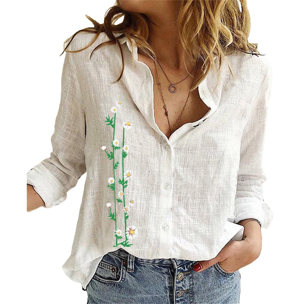 Women Fashion Cotton Linen Shirt Summer&fall Long Sleeve Top Ladies Floral Printed Blouses