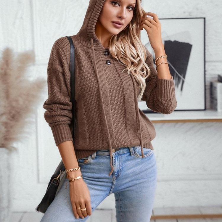 Vintage Pullover Sweater Hooded Loose Long Sleeve V-Neck Solid Color Knitwear Top for Autumn Winter