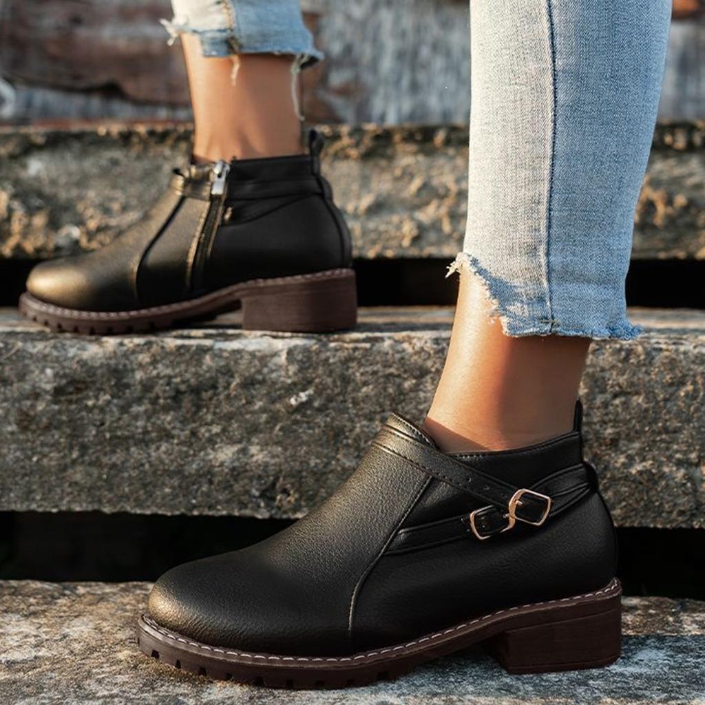 Women's Short Boots with Side Zipper, Low Heel and Belt