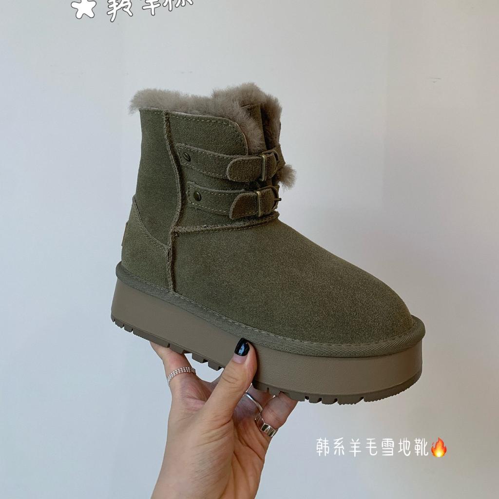 New leather wool metal buckle thick-soled muffin snow cotton boots thickened warm short boots small women's shoes
