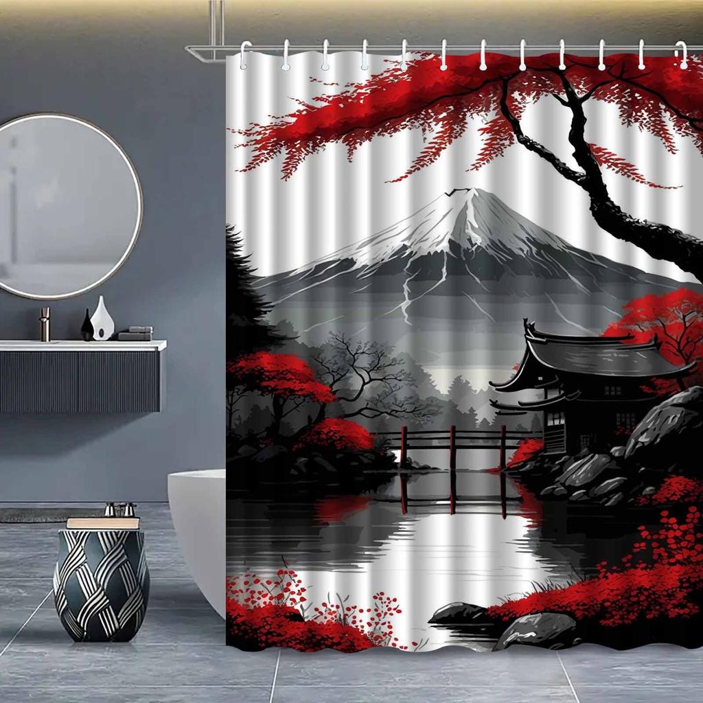 1 pièce Peinture de paysage style ancien à l'encre Rideau de douche paysage, Rideau de salle de bain élégant haut de gamme, Décoration de salle de bain