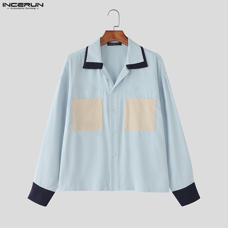 INCERUN Plus Size Men Casual Lapel Neck Long Sleeve Patchwork Buttons Shirts Tops