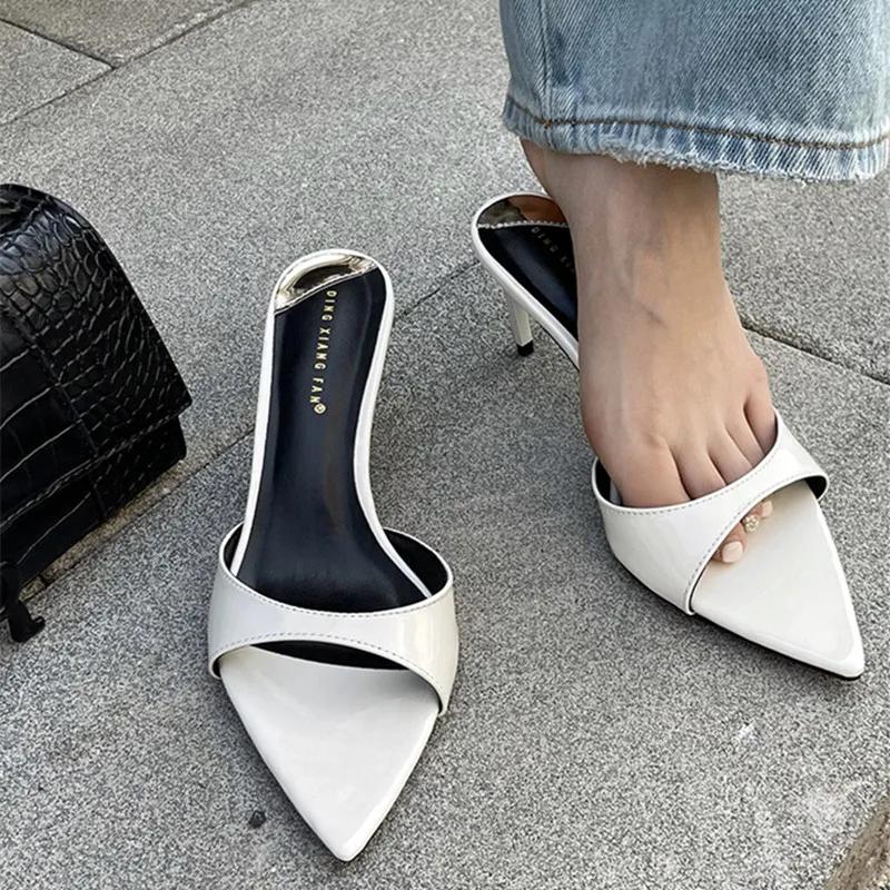 Fashion High Quality Patent Leather Slippers Women Sexy Pointed Toe Slides Sandals Elegant Thin High Heels Party Dress Designer Shoes