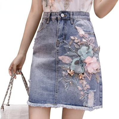 Femmes perles fleur gland irrégulière taille haute jupe en jean broderie jupes en jean mince