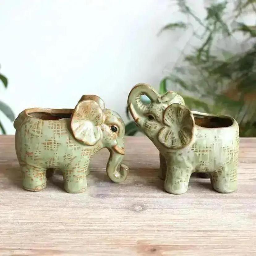 1 Pcs Vintage Ceramic Elephant Crafts Succulent Flower Pot Green Plant Potting Home Garden Decoration