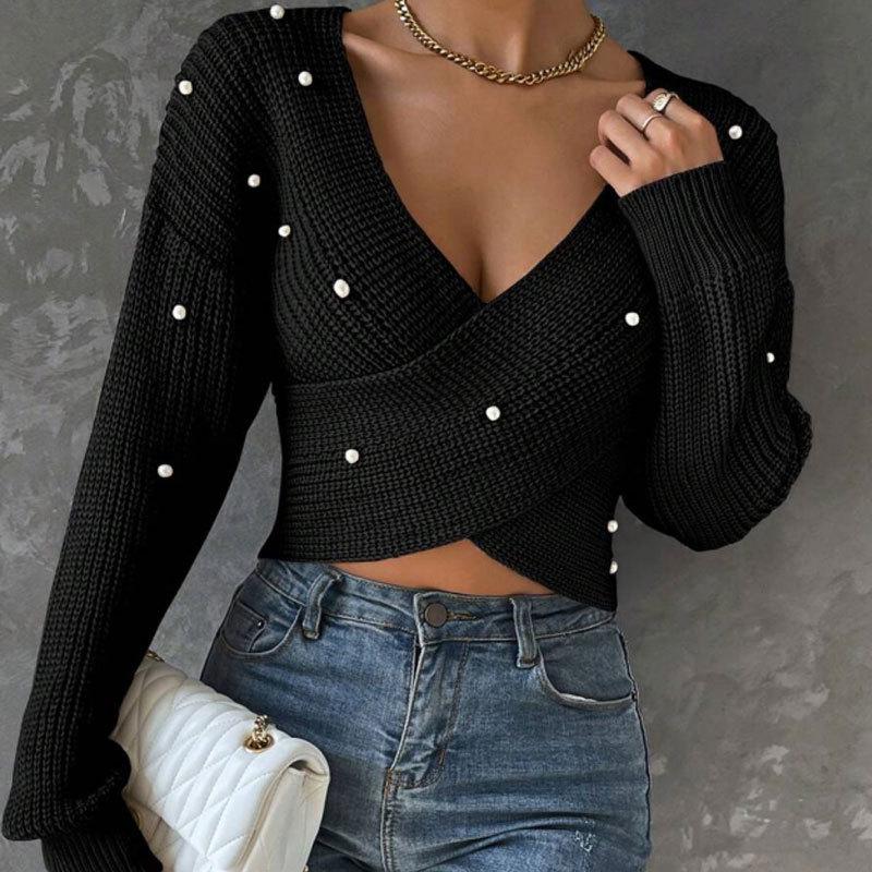 New Autumn Women's One-Shoulder Slim Fit Knit Sweater with Nail Beads