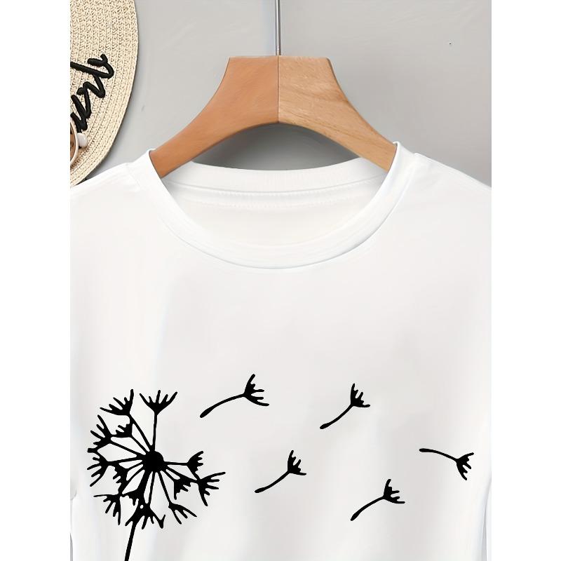 European sizes Women'S Short Sleeve T-Shirt with Elegant Dandelion Print - Lightweight Casual Top for Spring/Summer