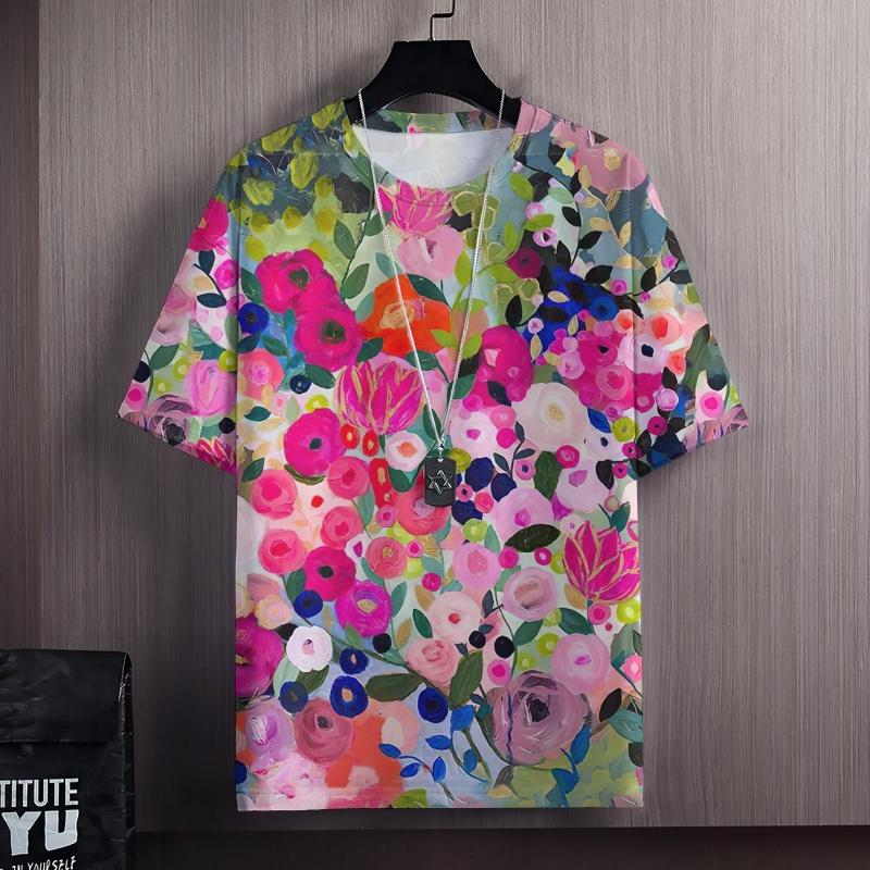 Colorful Flowers Clusters 3D Print T Shirt For Men Grass Plant Pattern Tees Summer Casual Short Sleeve Tops Round Neck T-Shirts