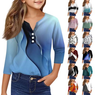 Girls Casual Fashion Tops Printed Seven Sleeve T-Shirt With Buttons