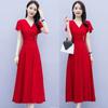 V-neck Fashionable Foreign Solid Color Dress Women's New Summer Large Size Women's Clothing Waist Thin Temperament Simple Long Dress