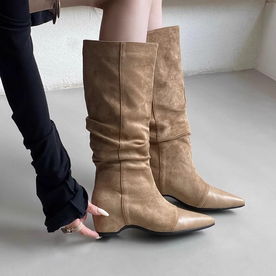 Pointed Boots Women's Inner Height Increase Retro 2025 New Thick Heel Pile Boots But Knee High Knight Boots