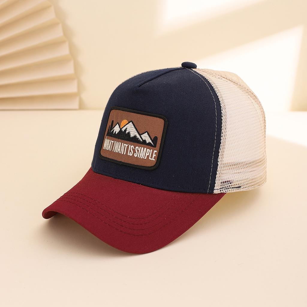 Fashionable Summer Hollow Out Mesh Baseball Cap with Embroidered Sunset Mountain Design, Outdoor Sun Protection Snapback Hat