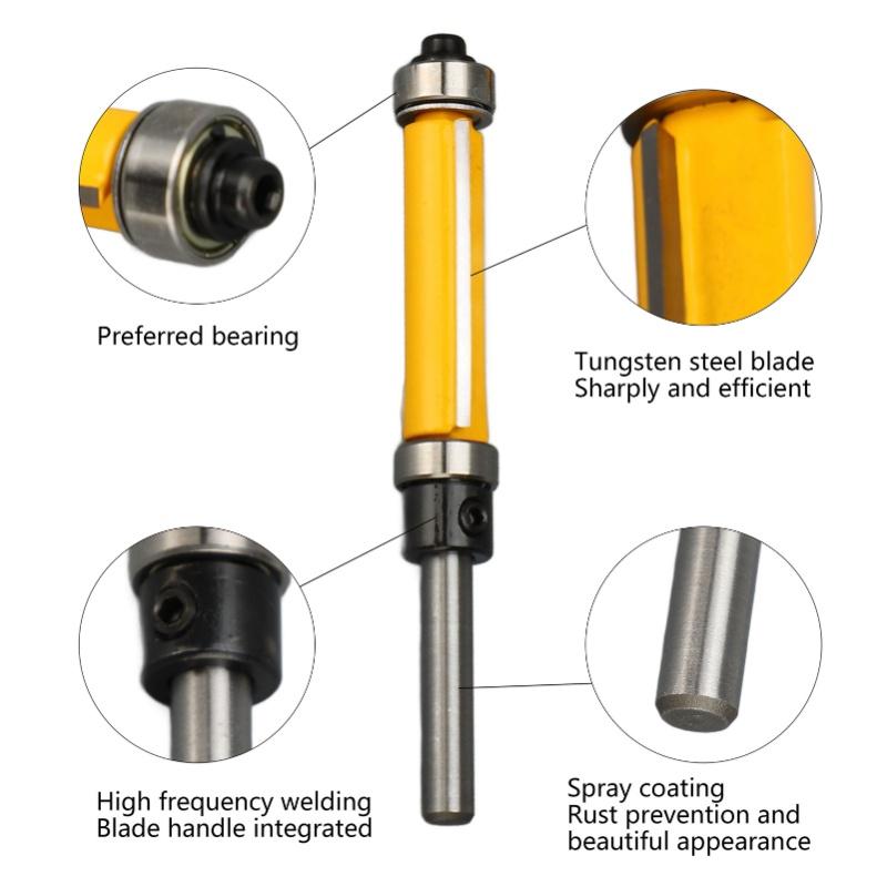 4 Pcs Flush Trim Router Bit Set 2 Flutes 1/4 Inch Shank 1/2in Cut Diameter Top And Bottom Bearing Flush Trim Bits