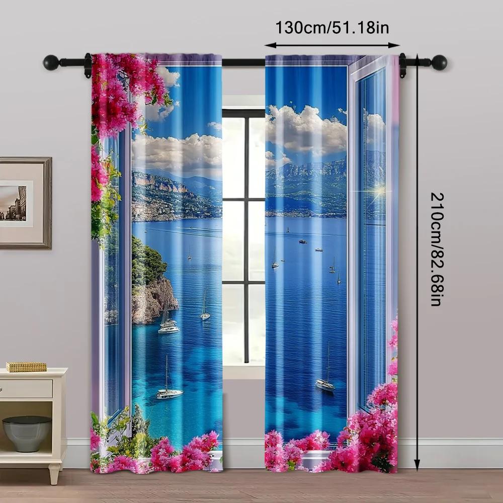 2pcs   Print Curtains Sea View Machine Washable Fabric (without Rod) Versatile All Perfect for Room   Kitchen   Study   Bedroom
