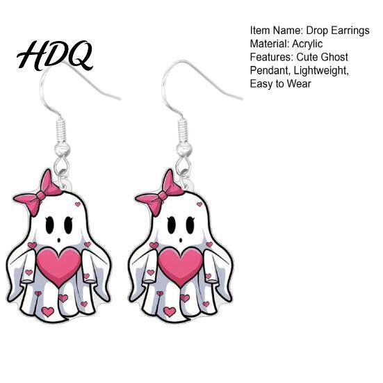 Cute Halloween Jewelry Pink Heart Ghost Earrings, with Bow Drop Non-oxidizing Earrings Lightweight Acrylic for Girls Women