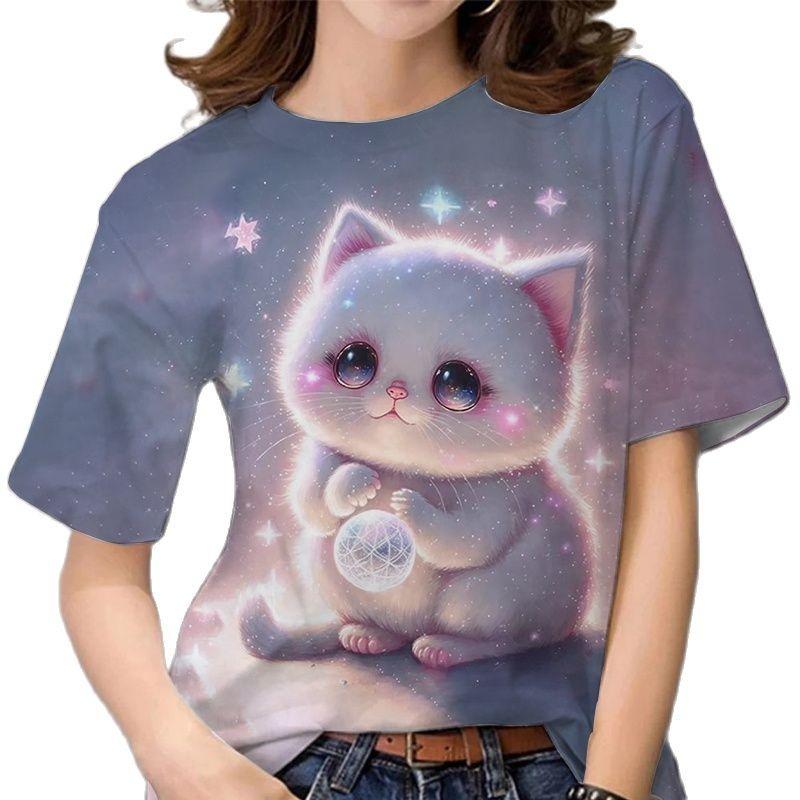 2025 Ny Europeisk och Amerikansk Dam T-shirt Söt Kattmönster 3D-tryck Rundhalsad Kortärmad Bekväm Casual Topp