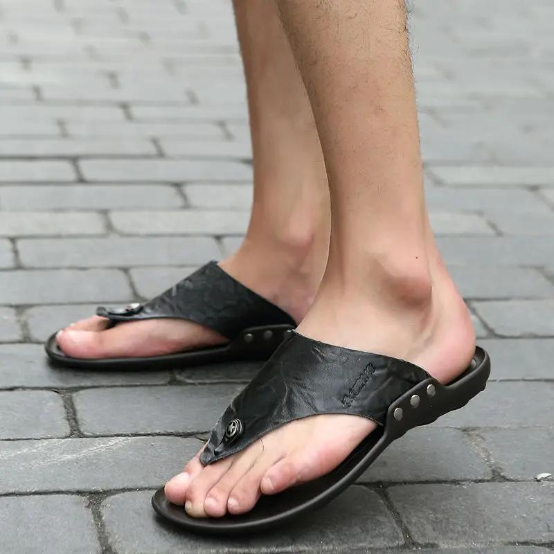 Fashion Men's Shoe Flat Outdoor Beach Leather Shiatsu Male Slipper Slides Flip Flops Original Y2k 2025 Style Cheap Shoes Liquidation Fun