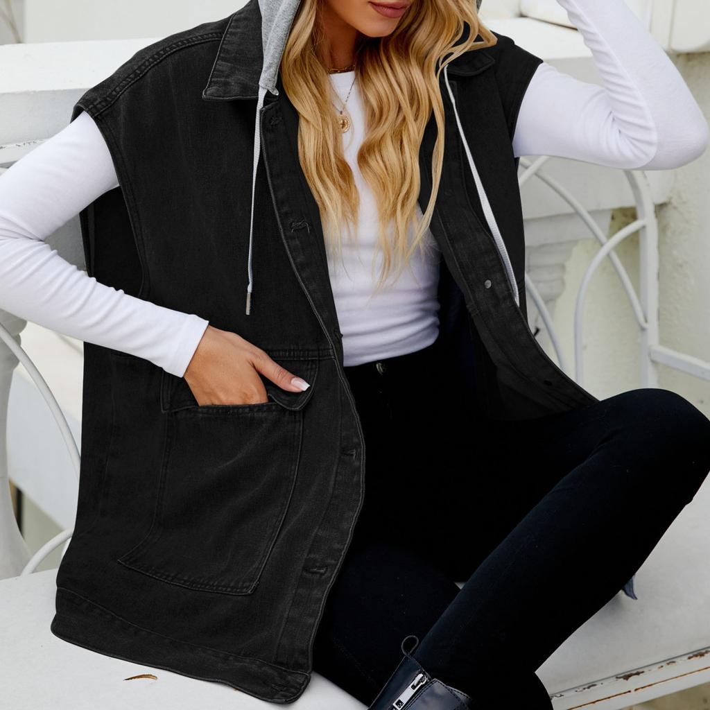 Women's Casual Loose Vintage Denim Vest Hooded Jacket