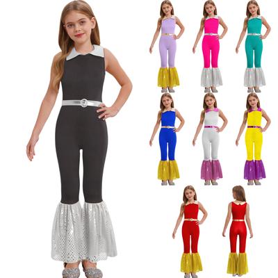 Girls Collared Sleeveless Metallic Mini Dots Shiny Sequins Bell Bottomed Color Block Belted Jumpsuit for Dance Theme Parties