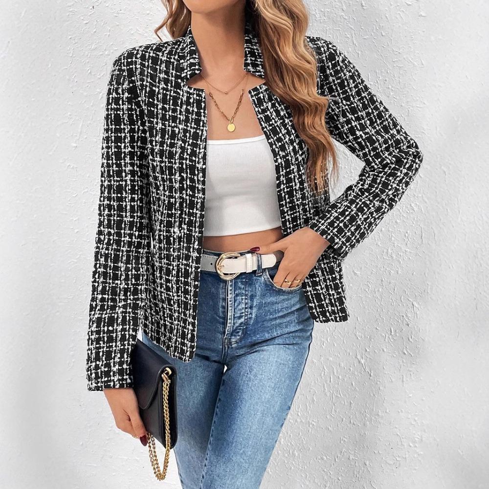 Women's Stand Collar Long Sleeve Slim Fit Tweed Elegant Blazer Jacket Plaid Open Front Cardigan Outerwear For Fall Office Daily Commute