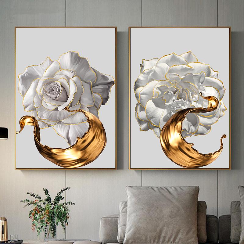 White Rose Flower Golden Ink Splash Abstract Poster Nordic Art Plant Canvas Painting Modern Wall Picture for Living Room Decor