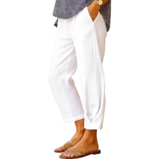 Women Pants Mid-rise Elastic Waist Solid Color Casual Trousers with Pockets Loose Fit Leisure
