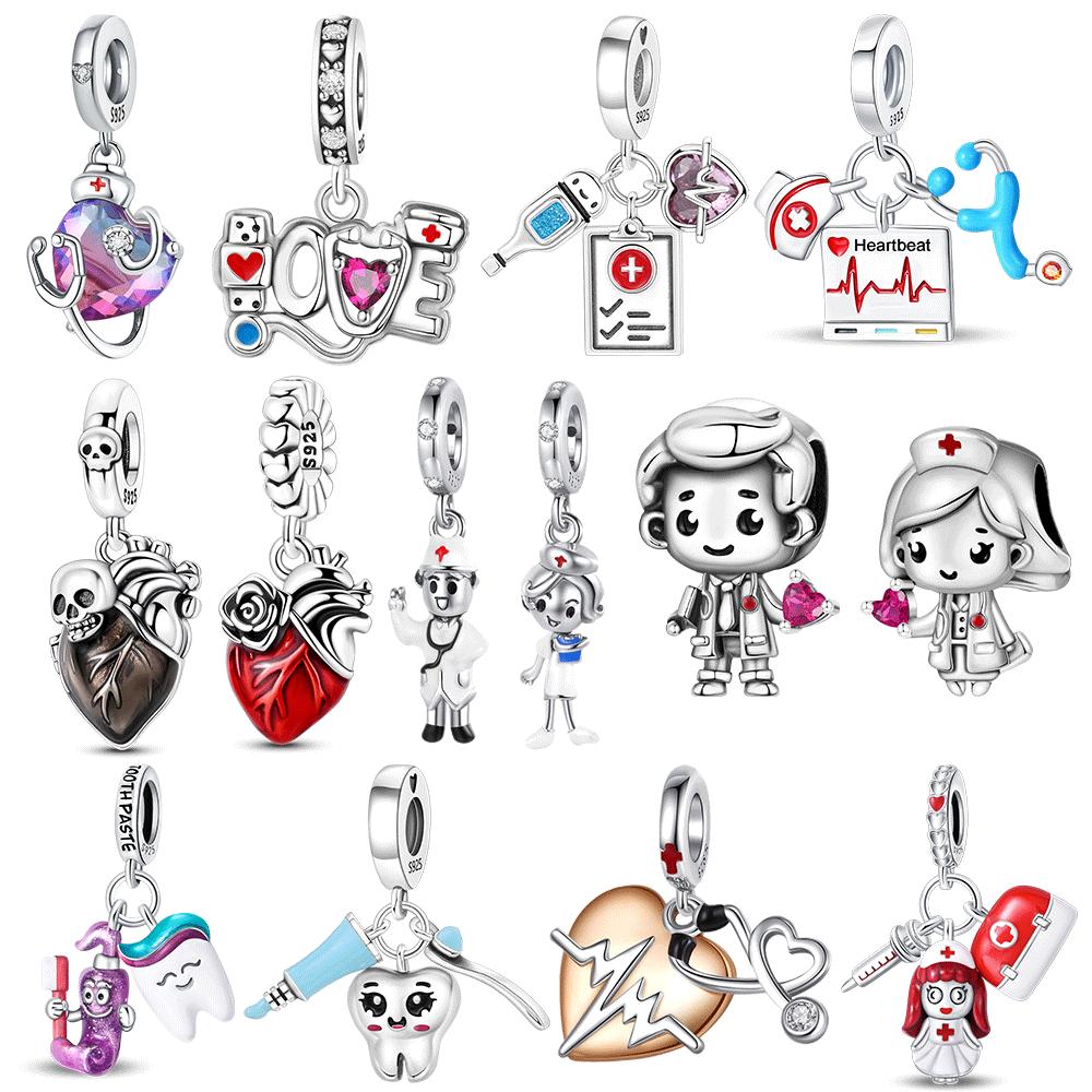 S925 Silver Charm Healthcare Heroes Medical Care Love Nurse Doctor Stethoscope Pendant for Bracelet DIY Jewelry Making