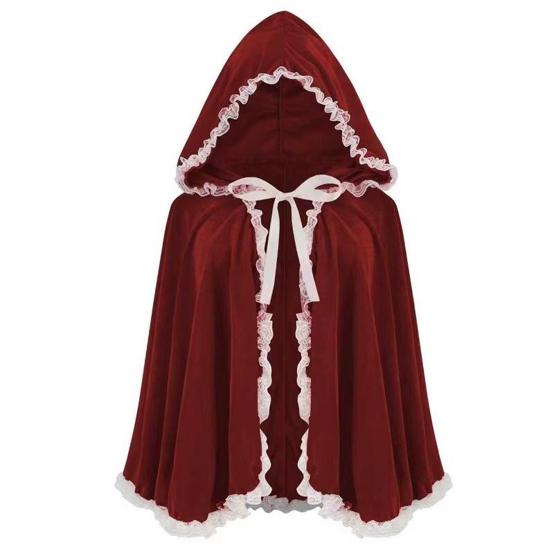 Red Velvet White Lace Hooded Velvet Cape Ladies Cape Halloween Christmas Cosplay Party Fancy Cape