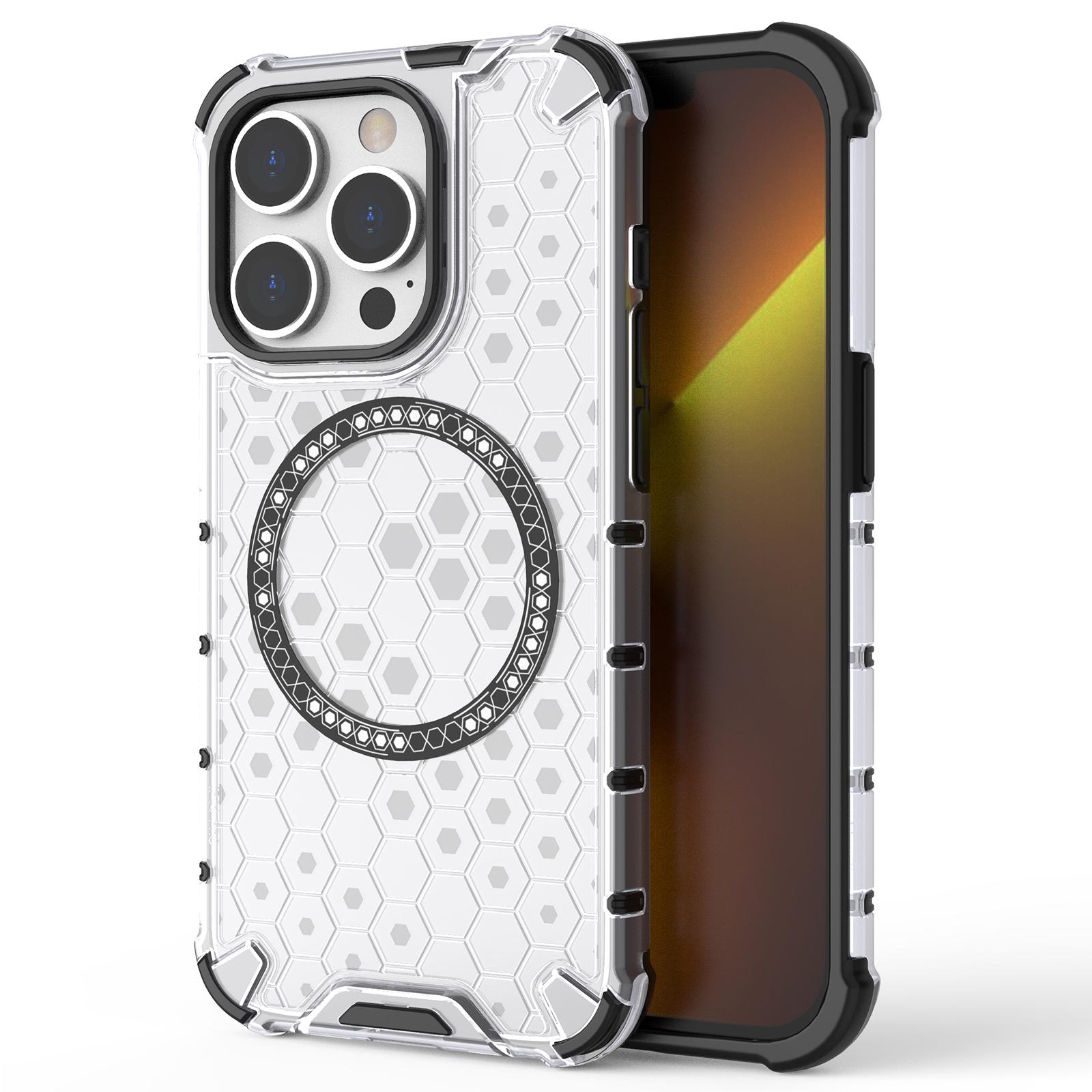 

For iPhone 13 Pro Magnetic Case Honeycomb Design Thickened Corners TPU+PC Phone Cover Transparent