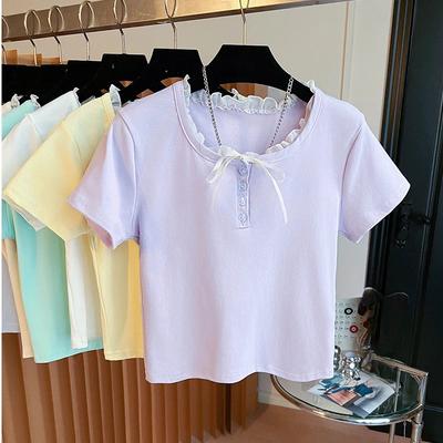 Sommer Kurzarm T-Shirts Damen koreanisch reine Baumwolle einfarbiges T-Shirt O-Ausschnitt Spitze Spleißen Crop Top Tee Weiblich Lässig Slim T-Shirt