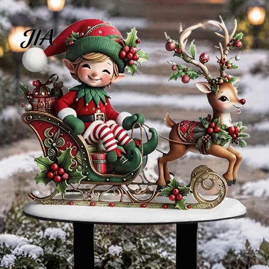 Christmas Garden Display Elf Stake, Reindeer Sleigh Acrylic Yard Art Decorative Flowerbed Stakes Waterproof Xmas Outdoor Ornament for Holiday
