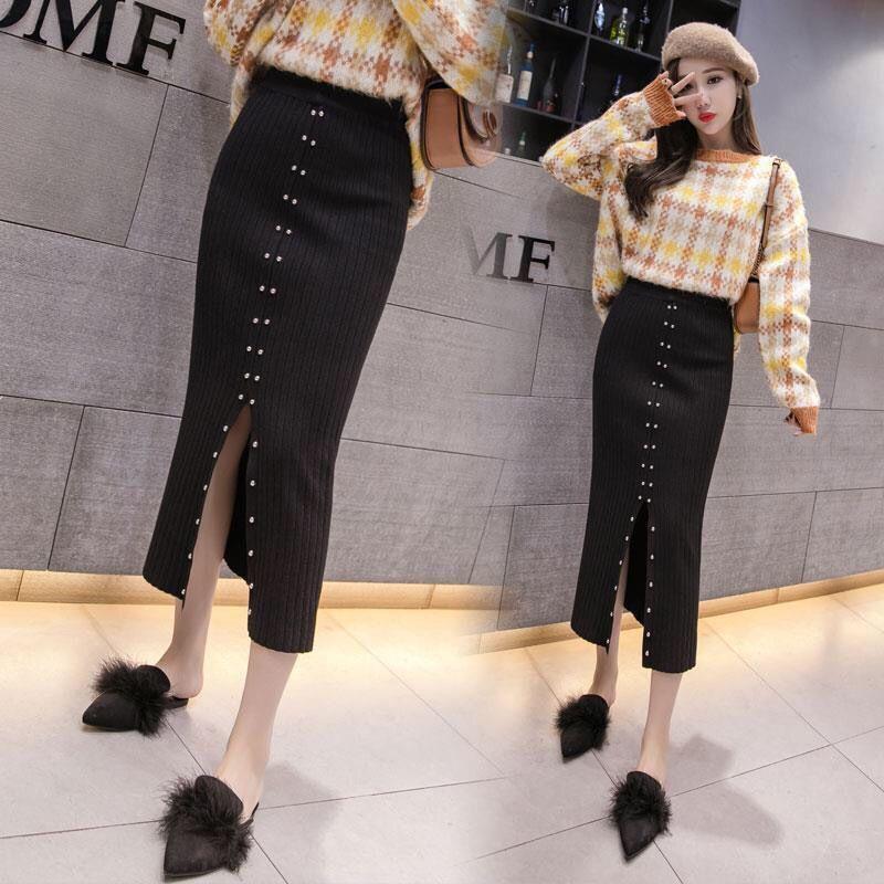 Women Knitted Skirt High Waist Front Slit Knee Length Pencil Skirt Spring Autumn Office Skirts Womens