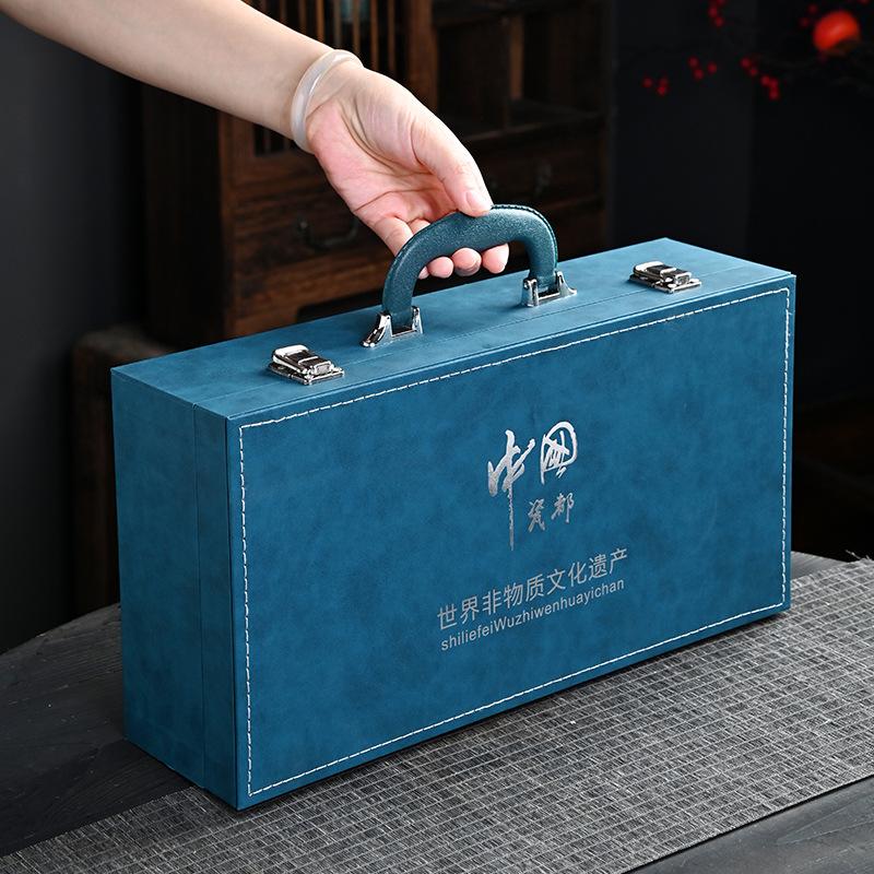 Blue and white kung fu tea set, a complete set of gift boxes, ceramic retro full set of gifts, souvenirs, high-end sense of light luxury, high-end