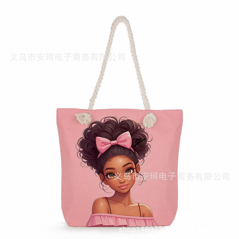 Multifunctional Fairy Tale Style Printed Thick Rope Shoulder Beach Bag Casual Large Capacity Handbag 0106 CLE