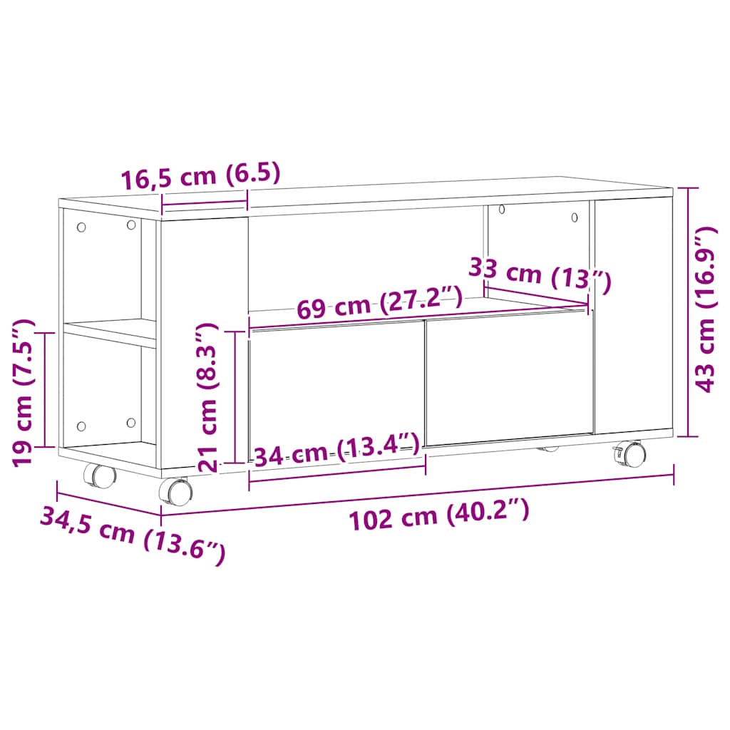 TV Stand with Casters Black Oak Effect 102 x 34.5 x 43 cm